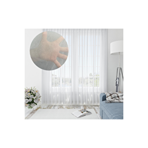 1x2 Pileli Ekru Renk Çelik Dökümlü Tül Perde 450x270 cm