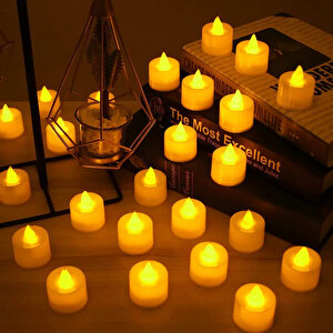 Ledli Mum Tealight Işıklı Dumansız Alevli Sarı Led Mum Pilli 24 Adet Pil Dahil