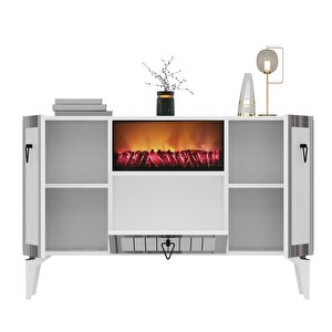 Mihrace Şömineli Konsol Tv Sehpası Çok Amaçlı Dolap Beyaz - Gümüş