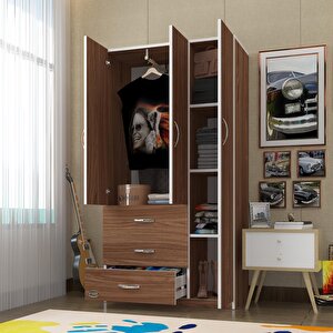 Gardırop 3 Kapılı 3 Çekmeceli Civanperçemi 180*120*52 Cvz Xlarge Kapaklı Gardolap Dolap Ceviz