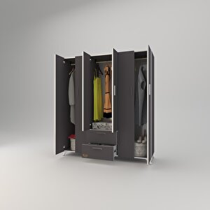 Gardırop 6 Kapaklı Kapılı 2 Çekmeceli Glayör 168*150*42 Gri Ayaklı Gardolap Dolap Gri