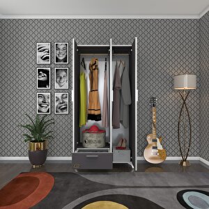 Gardırop 3 Kapaklı Kapılı Çekmeceli Yasemin 168*80*42 Gri Ayaklı Gardolap Dolap Gri