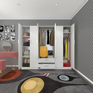 Gardırop 6 Kapılı Çekmeceli Begonvil210 Byz Kapaklı Gardolap Dolap Beyaz