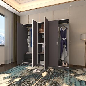 Gardırop 5 Kapılı Horozibiği 180*200*52 Gri Xlarge Kapaklı Gardolap Dolap Gri