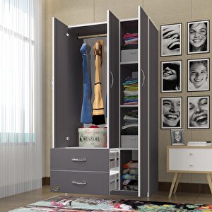 Gardırop 3 Kapılı 2 Çekmeceli Fesleğen 180*120*52 Gri Xlarge Kapaklı Gardolap Dolap Gri