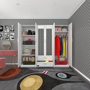 Gardırop 6 Kapılı Çekmeceli Begonvil210 Byz Aynalı Kapaklı Gardolap Dolap Beyaz
