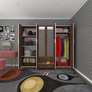 Gardırop 6 Kapılı Çekmeceli Begonvil210 Cvz Aynalı Kapaklı Gardolap Dolap Ceviz