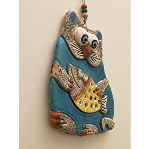 Seramik Balık Tutan Kedi Desenli Dekoratif El İşi Duvar Süsü