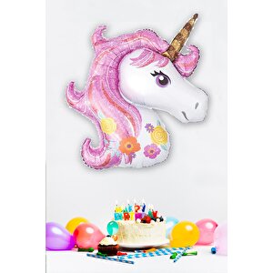 Pembe Unicorn Çiçekli Büyük Folyo Balon 42inç Doğum Günü Balonu