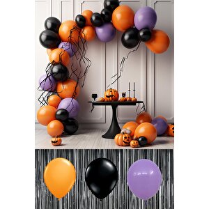 Cadılar Bayramı Balon Zinciri Turuncu Siyah Lila Balon Zinciri 50 Adet Balon Halloween Balonları