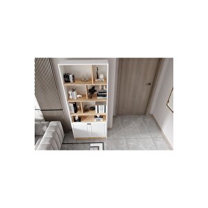 Rüya -ahşap -beyaz Kapaklı Raf Detaylı -bölmeli Kitaplık