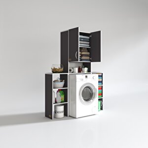 Çamaşır Makinesi Dolabı Sinemmaks Gri 180*096*30 Banyo Kapaklı Arkalıklı Raflı