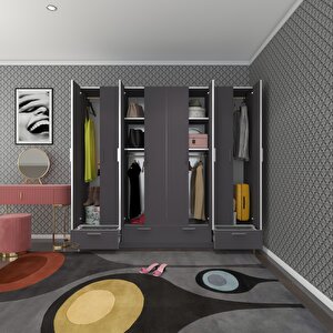 Gardırop 8 Kapılı 4 Çekmeceli Zambak 182*200*42 Gri Kapaklı Gardolap Dolap