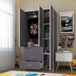 Gardırop 3 Kapılı 3 Çekmeceli Civanperçemi 180*120*52 Gri Xlarge Kapaklı Gardolap Dolap