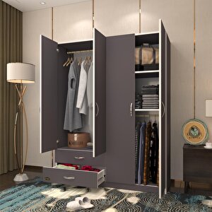 Gardırop 4 Kapaklı Kapılı 2 Çekmeceli Orkide Gri 180*120*42 Gardolap Dolap