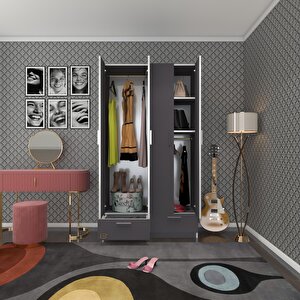 Gardırop 4 Kapılı 2 Çekmeceli Biberiye 182*100*42 Gri Kapaklı Gardolap Dolap