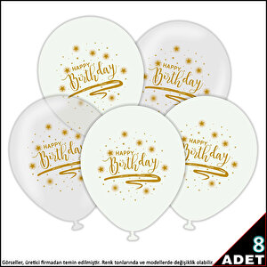 Happy Birthday Baskılı Beyaz Ve Şeffaf, 30cm Balon - 8 Adet