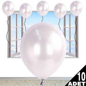 Metalik Parlak Balon, 10 Adet - Beyaz