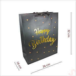 Happy Birthday Siyah Karton Çanta, 32 X 26 X 10 Cm - 1 Adet