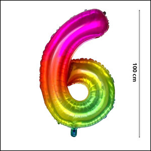 6 Yaş Rakam Folyo Balon, 100 Cm - Gökkuşağı