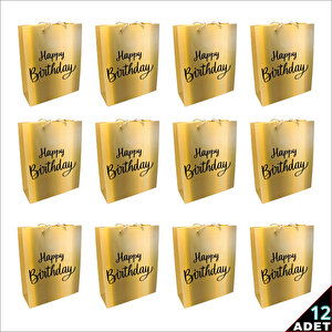 Happy Birthday Altın Karton Çanta, 32 X 26 X 10 Cm - 12 Adet