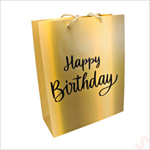 Happy Birthday Altın Karton Çanta, 32 X 26 X 10 Cm - 12 Adet