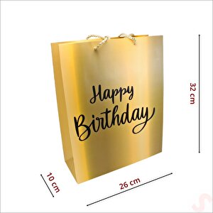 Happy Birthday Altın Karton Çanta, 32 X 26 X 10 Cm - 12 Adet
