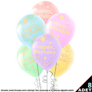 Happy Birthday Çok Renkli Makaron Balon, 30cm X 8 Adet