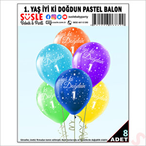 1 Yaş İyi Ki Doğdun Çok Renkli Pastel Balon, 30cm X 8 Adet