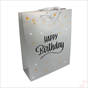Happy Birthday Gümüş Karton Çanta, 32 X 26 X 10 Cm - 12 Adet