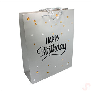 Happy Birthday Gümüş Karton Çanta, 32 X 26 X 10 Cm - 12 Adet