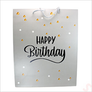 Happy Birthday Gümüş Karton Çanta, 32 X 26 X 10 Cm - 12 Adet