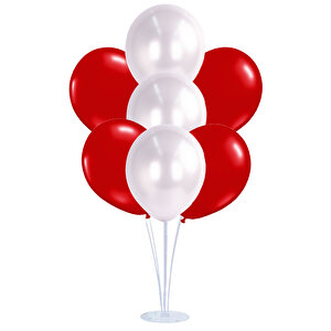 Balon Standlı, 7 Adet - Metalik Kırmızı Ve Beyaz Balon