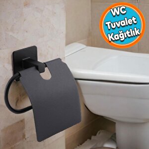 Tuvalet Kağıtlık Yapışkanlı Kapaklı Aparat Wc Kağıt Standı Paslanmaz Metal Sağlam Siyah