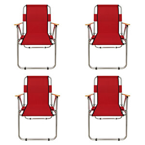 4 Adet Ahşap Kollu Katlanır Kamp Sandalyesi Katlanır Sandalye Bahçe Sandalyesi - Kırmızı