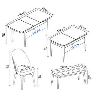 Calvin Beyaz Mermer Desen 80x132 Mdf Açılabilir Mutfak Masası Takımı 4 Sandalye, 1 Bench