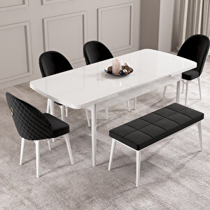 Calvin Beyaz 80x132 Mdf Açılabilir Mutfak Masası Takımı 4 Sandalye, 1 Bench Siyah
