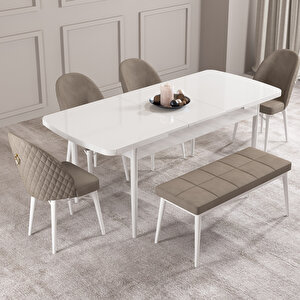 Calvin Beyaz 80x132 Mdf Açılabilir Mutfak Masası Takımı 4 Sandalye, 1 Bench Cappucino