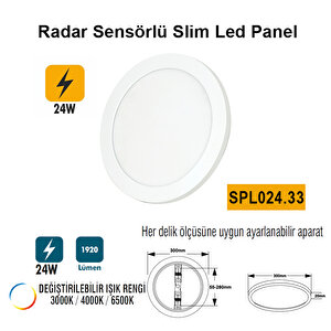 24w Radar Sensörlü Slim Led Panel - Işık Rengi Değiştirilebilir Spl024.33