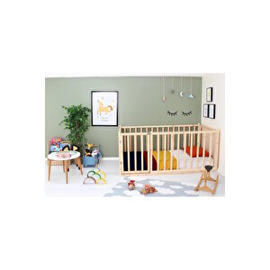 Doğal Ahşap Montessori Bebek Ve Çocuk Karyolası Ve Oyun Alanı 60x120 cm