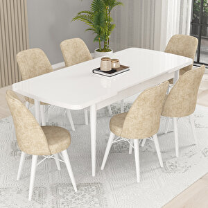 Kaf Beyaz 80x132 Açılabilir Mutfak Masası Takımı, 6 Adet Sandalye Krem
