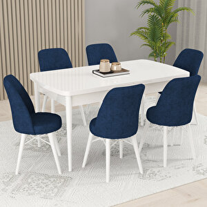Kaf Beyaz 80x132 Açılabilir Mutfak Masası Takımı, 6 Adet Sandalye Lacivert