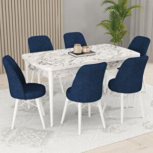 Kaf Beyaz Mermer Desen 80x132 Açılabilir Mutfak Masası Takımı, 6 Adet Sandalye Lacivert