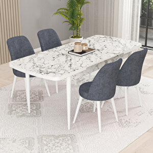 Kaf Beyaz Mermer Desen 80x132 Açılabilir Mutfak Masası Takımı, 4 Adet Sandalye Füme