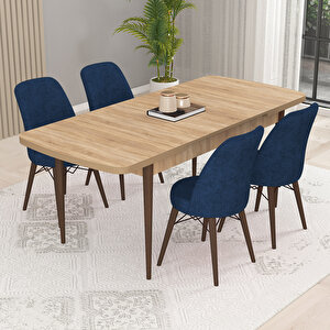 Kaf Meşe Desen 80x132 Açılabilir Mutfak Masası Takımı, 4 Adet Sandalye Lacivert