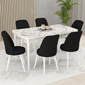 Kaf Beyaz Mermer Desen 80x132 Açılabilir Mutfak Masası Takımı, 6 Adet Sandalye Siyah