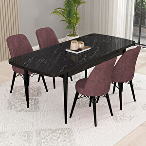 Kaf Siyah Mermer Desen 80x132 Açılabilir Mutfak Masası Takımı, 4 Adet Sandalye Gül Kurusu