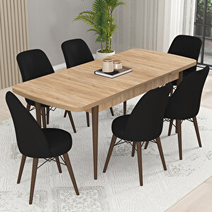 Kaf Meşe Desen 80x132 Açılabilir Mutfak Masası Takımı, 6 Adet Sandalye Siyah