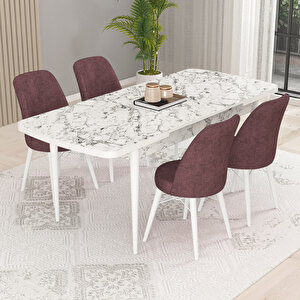 Kaf Beyaz Mermer Desen 80x132 Açılabilir Mutfak Masası Takımı, 4 Adet Sandalye Gül Kurusu