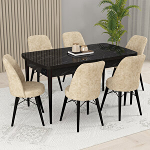 Kaf Siyah Mermer Desen 80x132 Açılabilir Mutfak Masası Takımı, 6 Adet Sandalye Krem